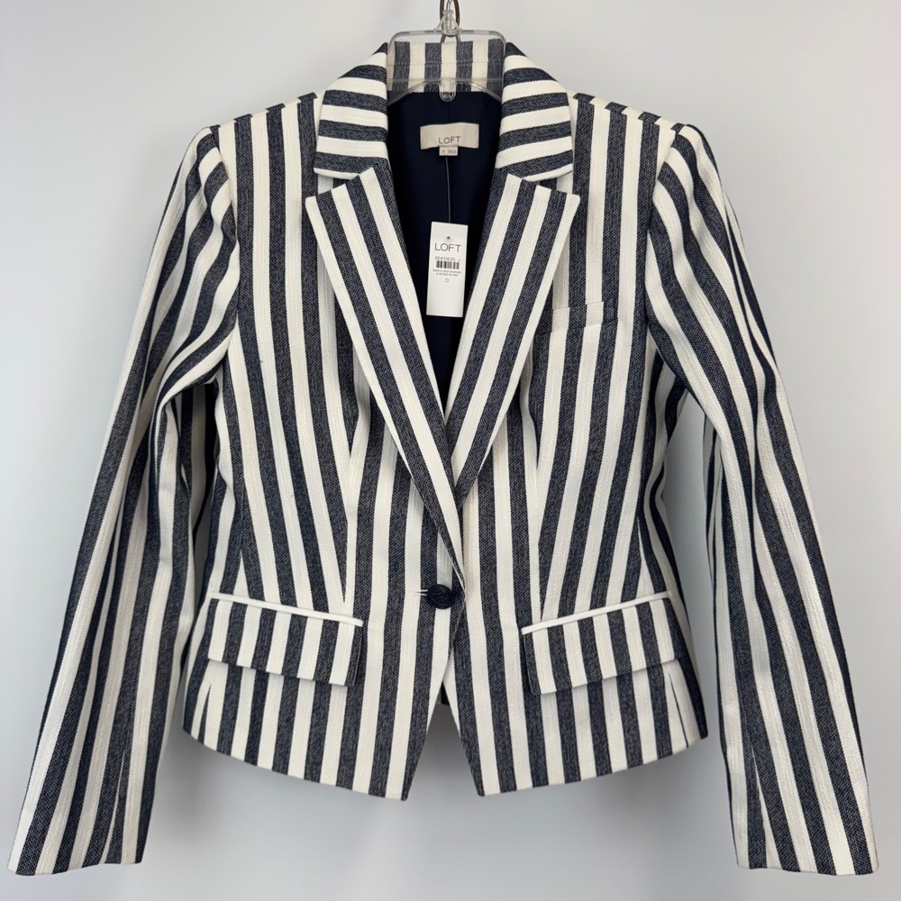 LOFT Navy &‎ White Striped Nautical Blazer Jacket Size 0 NWT